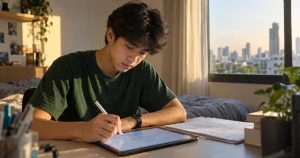 นักเรียนชายวัยรุ่นใช้ปากกาสไตลัสทำโจทย์บนแท็บเล็ตที่โต๊ะอ่านหนังสือในห้องนอน
